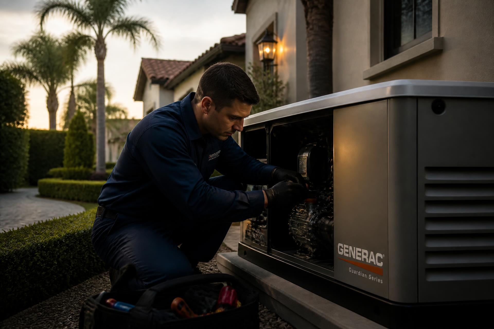 Certified technician servicing a home standby generator at dusk